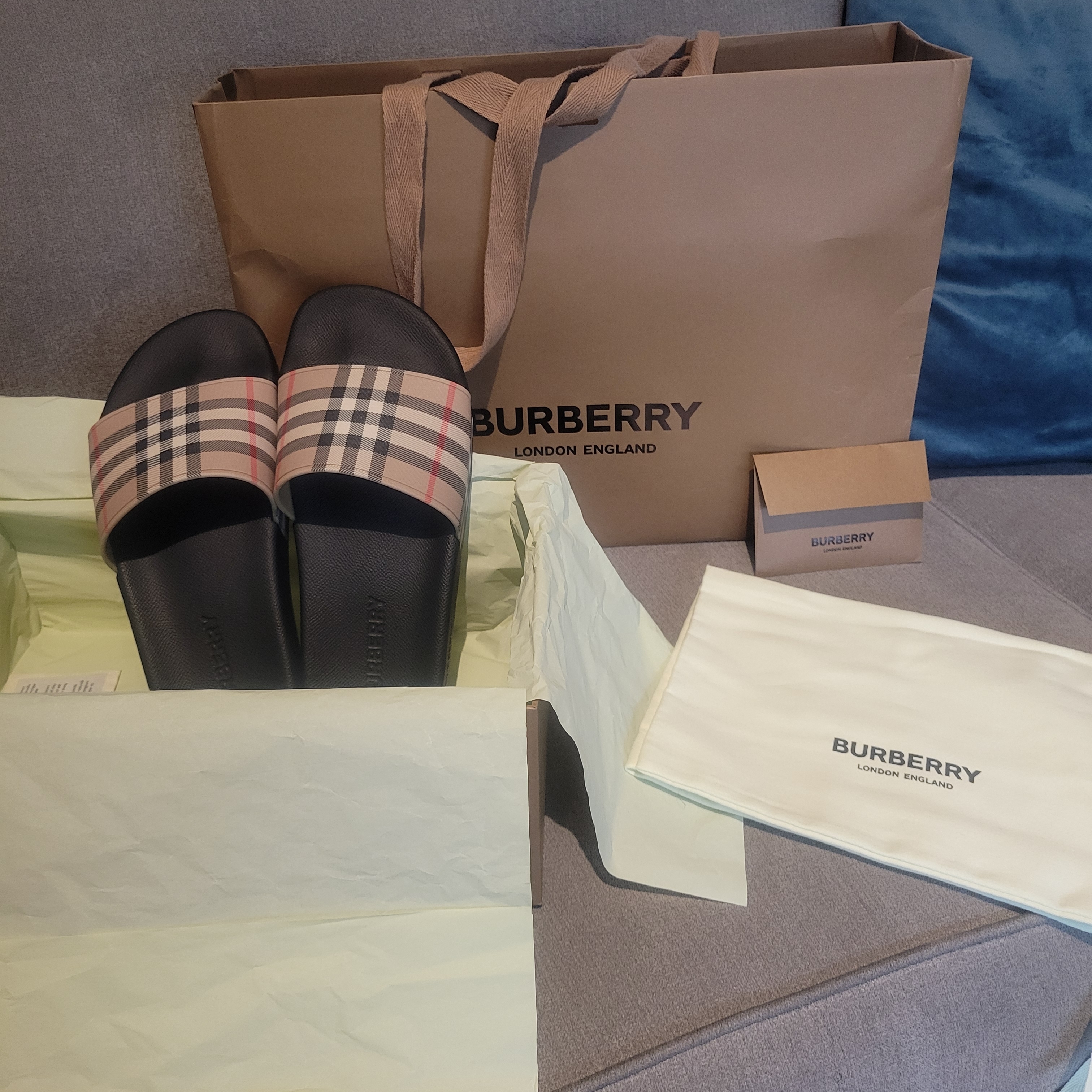 Burberry Black And Beige Check Slides